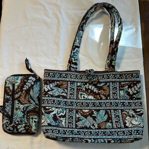Vera Bradley Java blue brown teal small tote + Wallet organizer. Pre-Owned